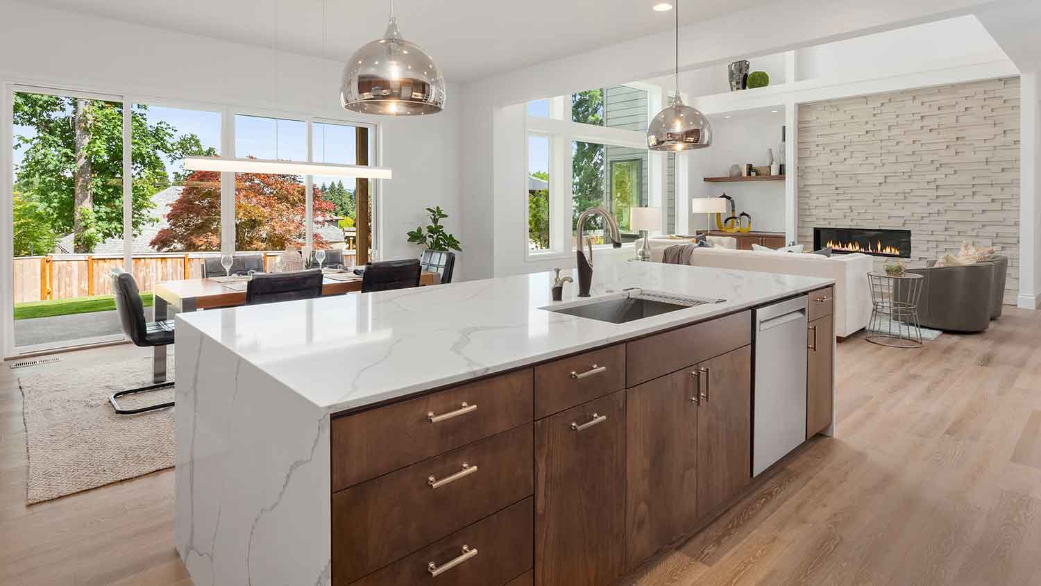 Open plan kitchen with quartz countertops