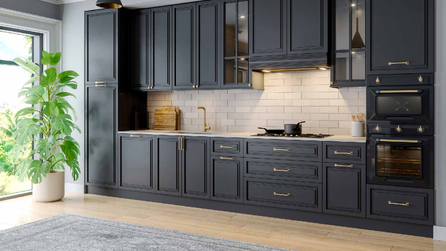 A bright kitchen with dark cabinets