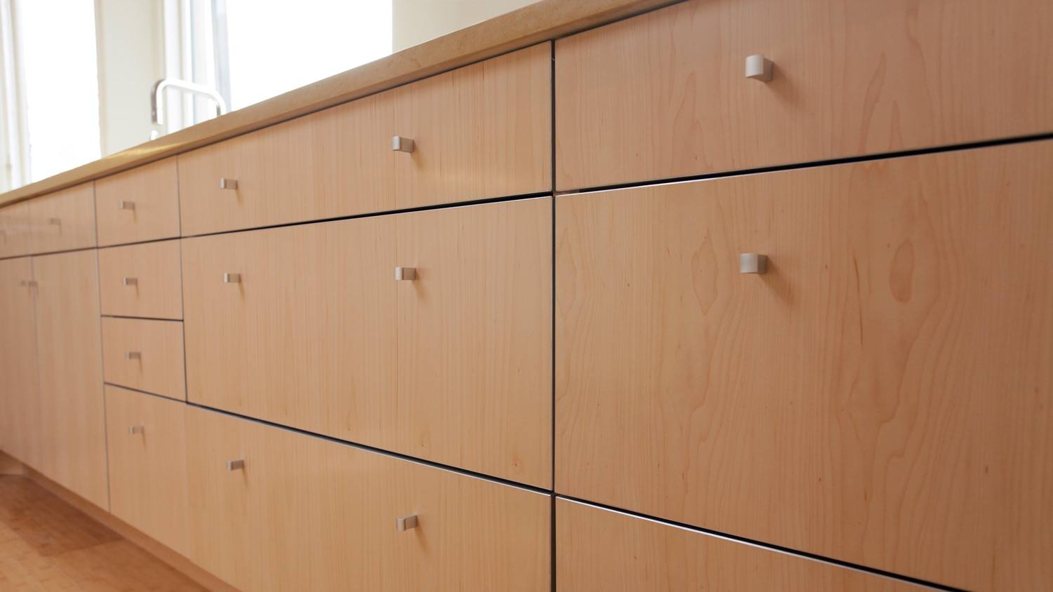 A close-up of a melamine kitchen cabinet