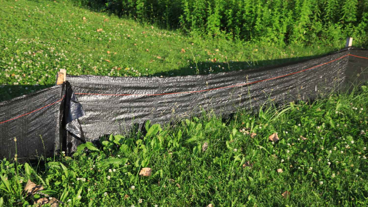 A silt fence in a yard