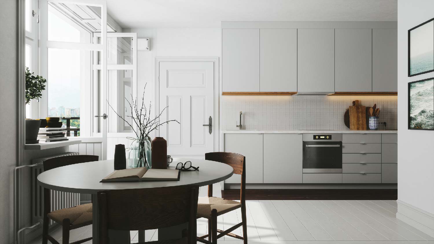 A scandinavian kitchen with euro style cabinets