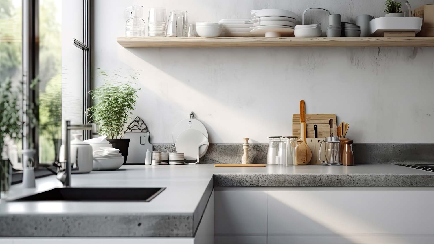 A bright and modern kitchen with concrete countertop