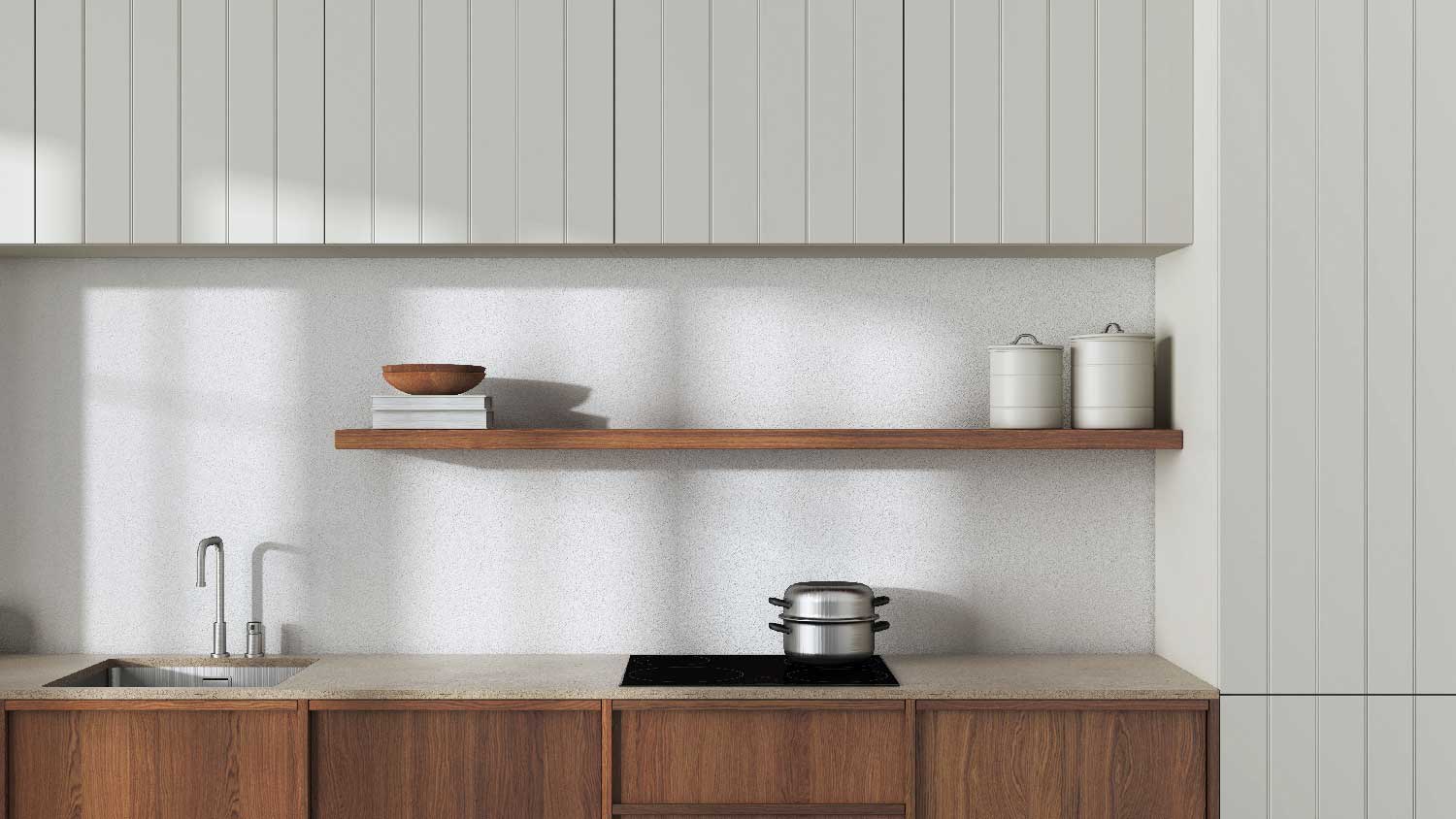 A japandi kitchen with limestone countertop