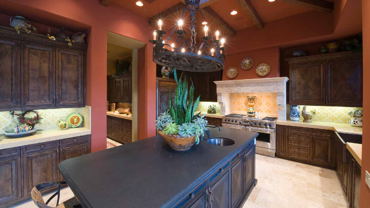 A rustic kitchen with a slate countertop
