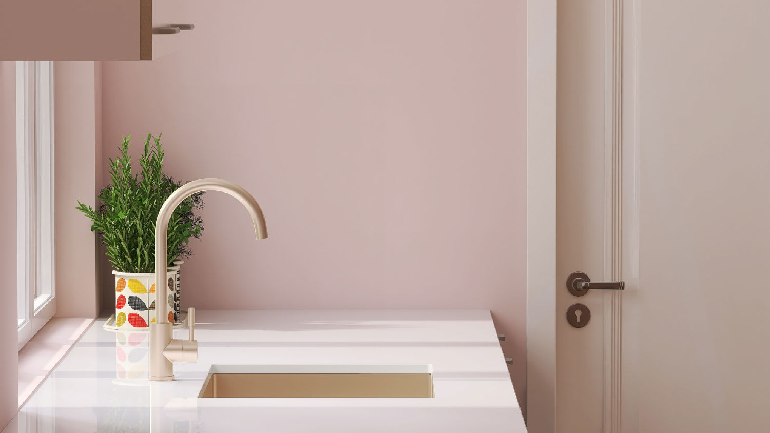 A minimalistic kitchen with laminate countertop