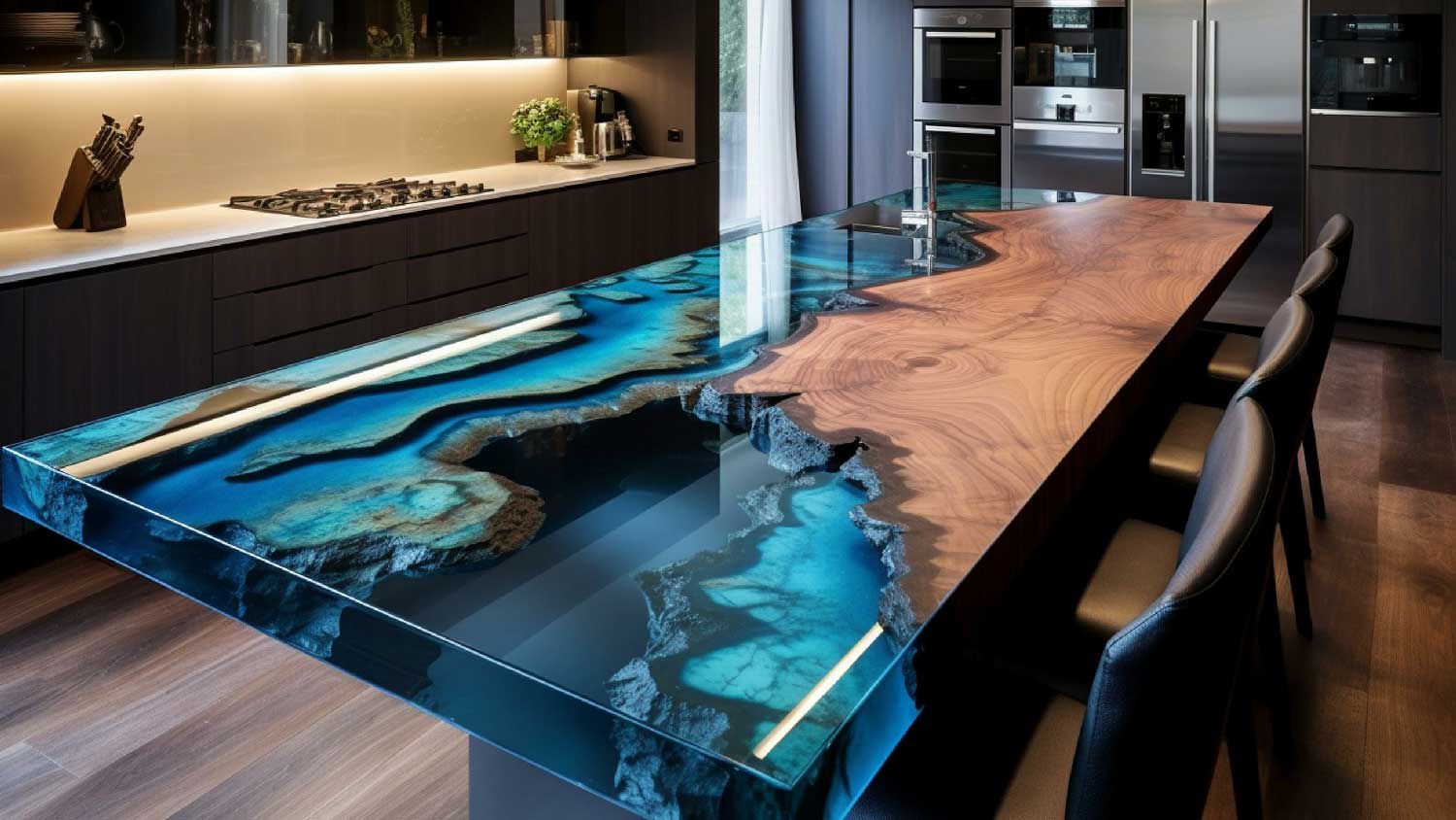 A dark kitchen with epoxy countertop