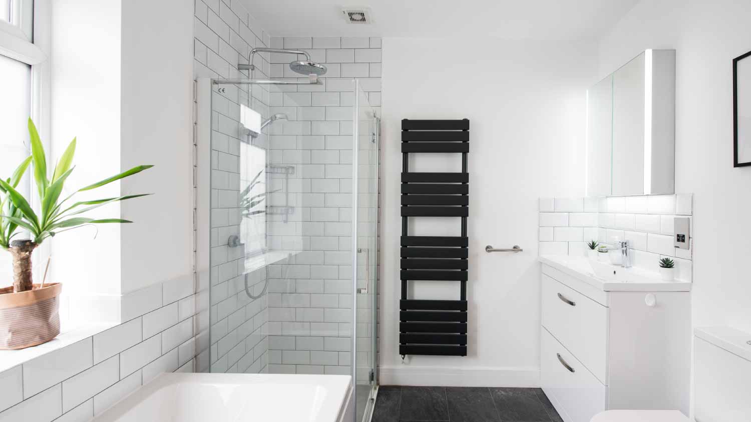 A general interior view of a white bathroom