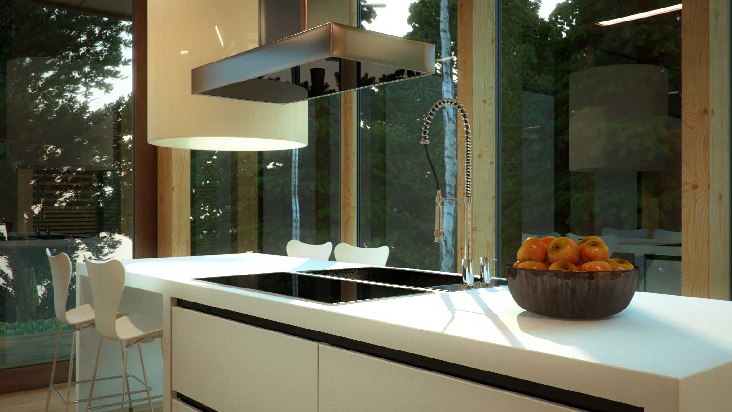 A modern kitchen with corian countertop