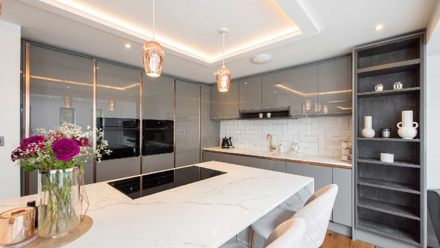 A large modern kitchen with porcelain countertops