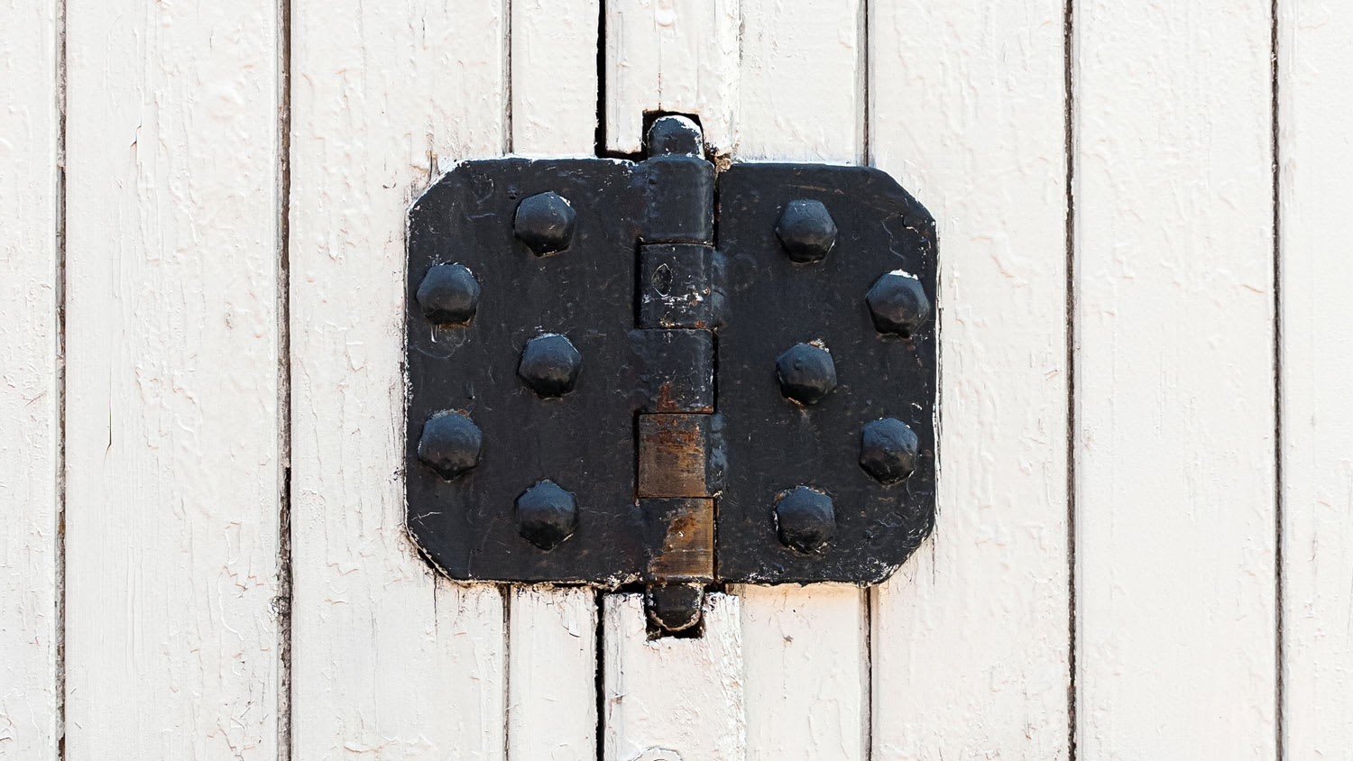 Vintage black door hinges on a white fence