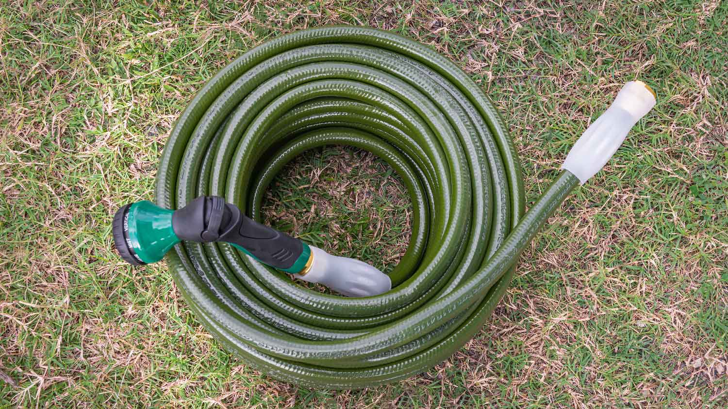 A wrapped hose in a garden