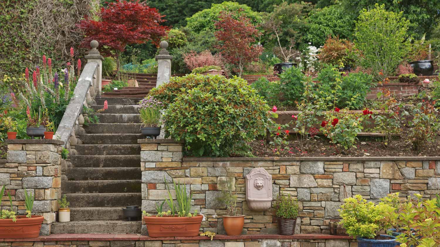 Natural stone steps and retaining wall