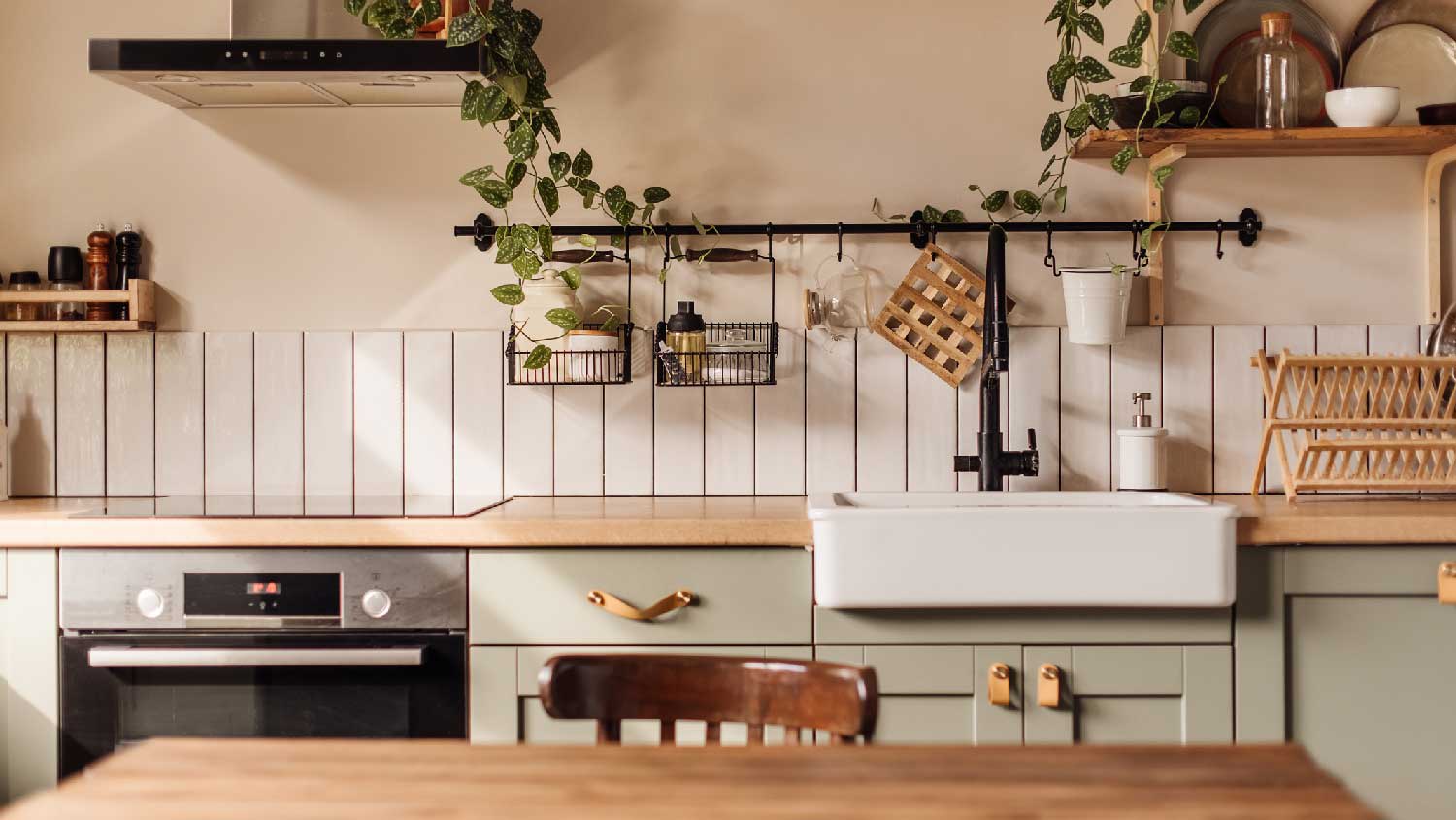 A cozy kitchen with butcher block countertops