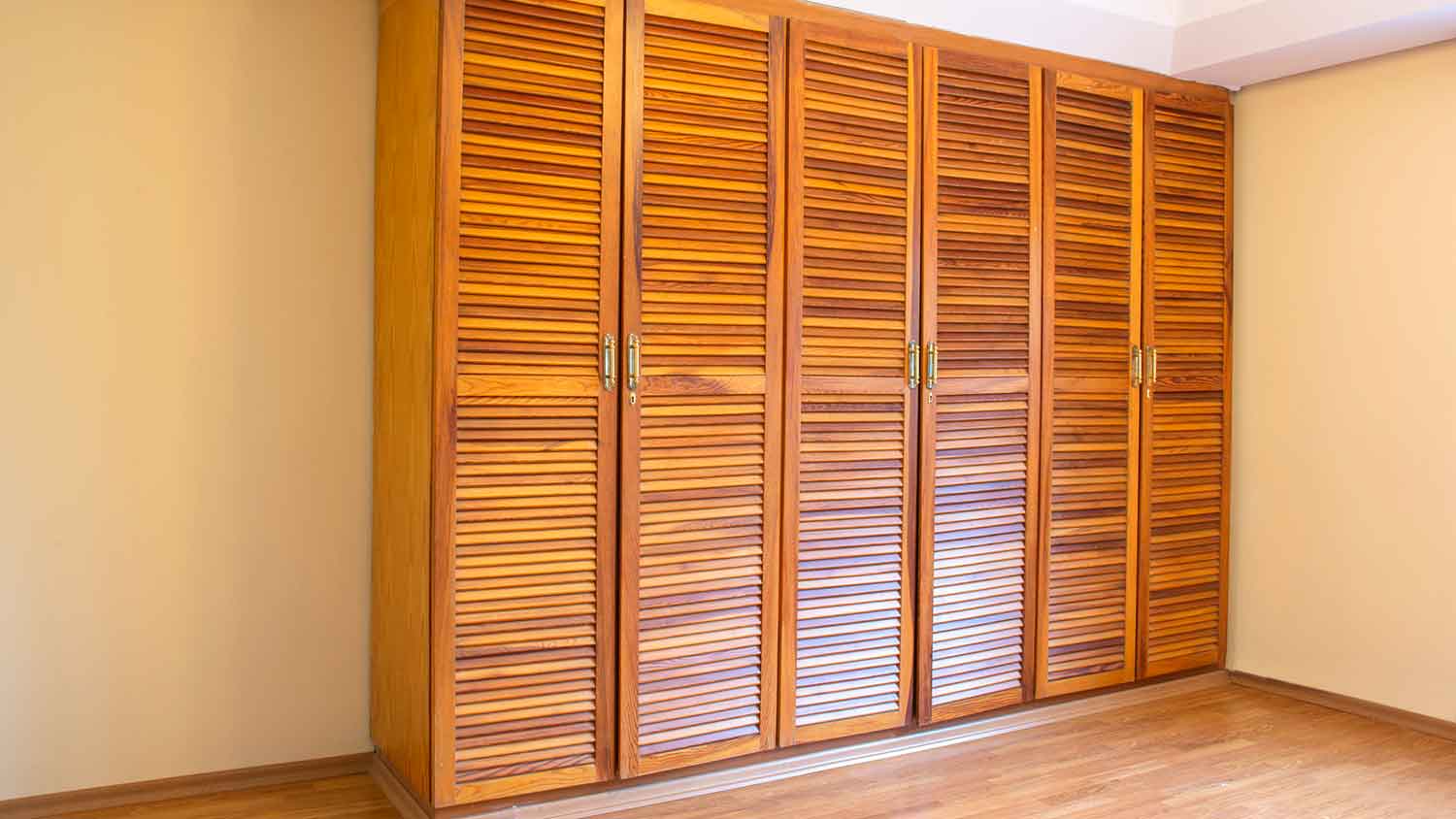 Bedroom closet with wooden louvered doors
