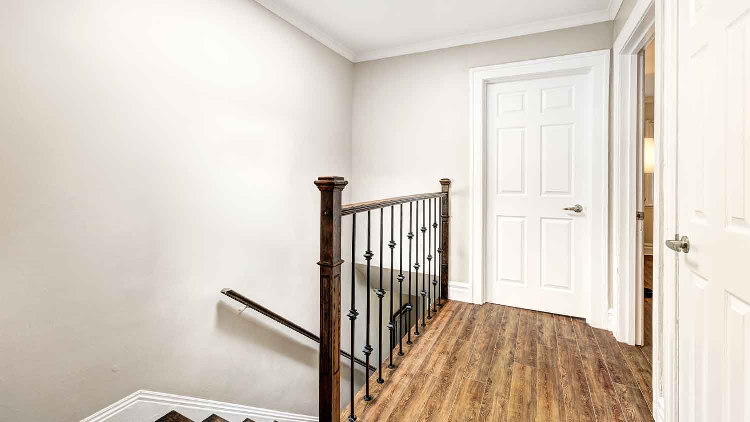 Residential fire door installed in stairwell area