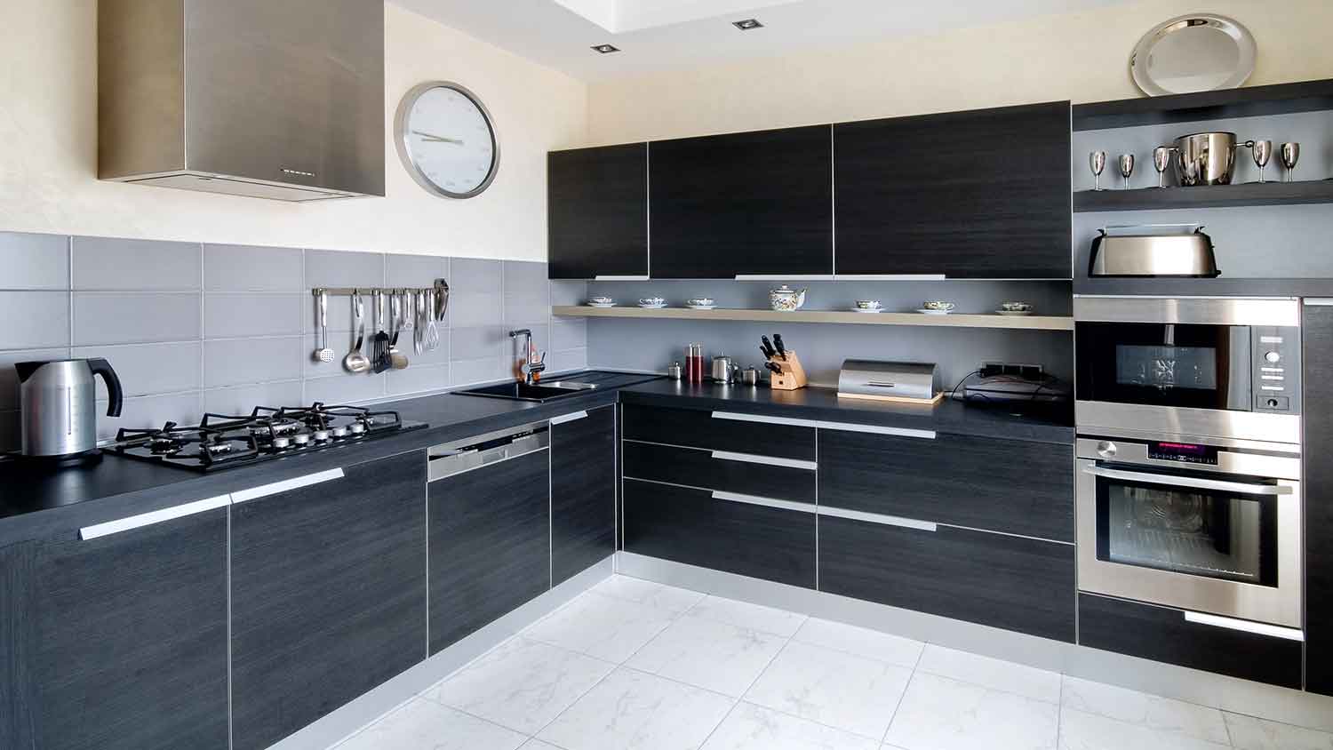 Modern kitchen cabinets finished with black stain