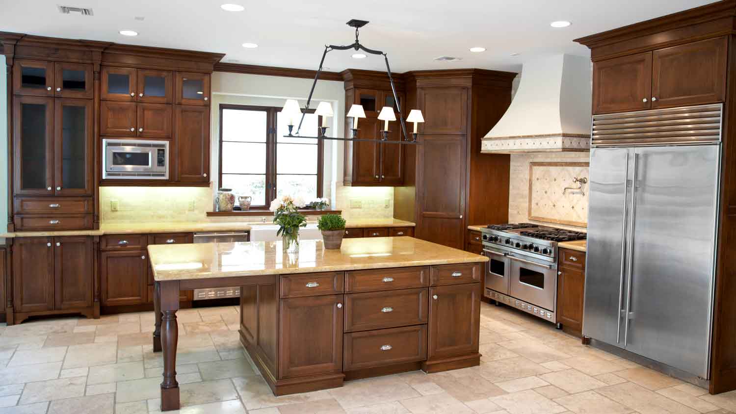 Wooden kitchen cabinets finished with dark chocolate stain