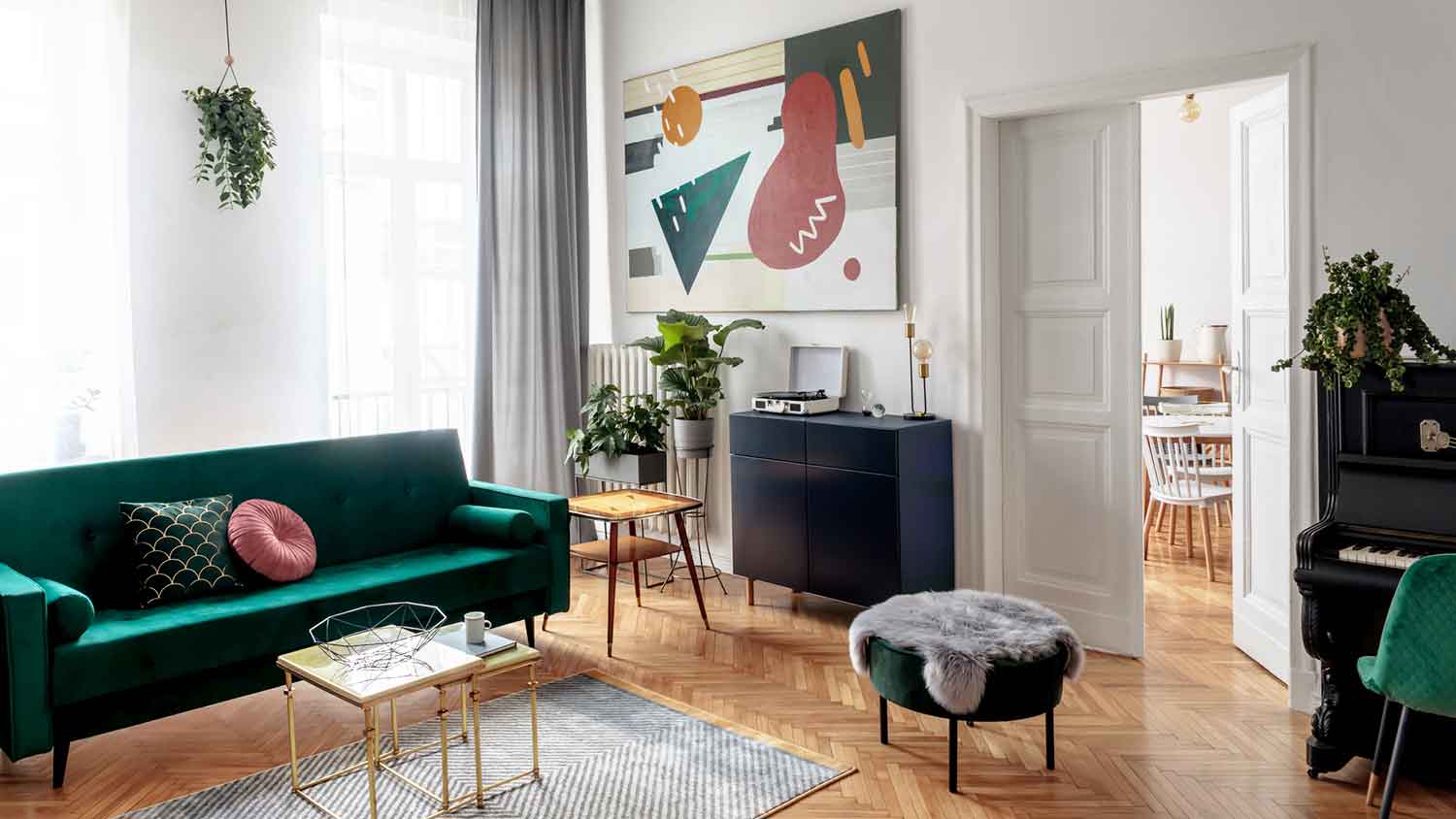 Modern living room interior with wooden double doors