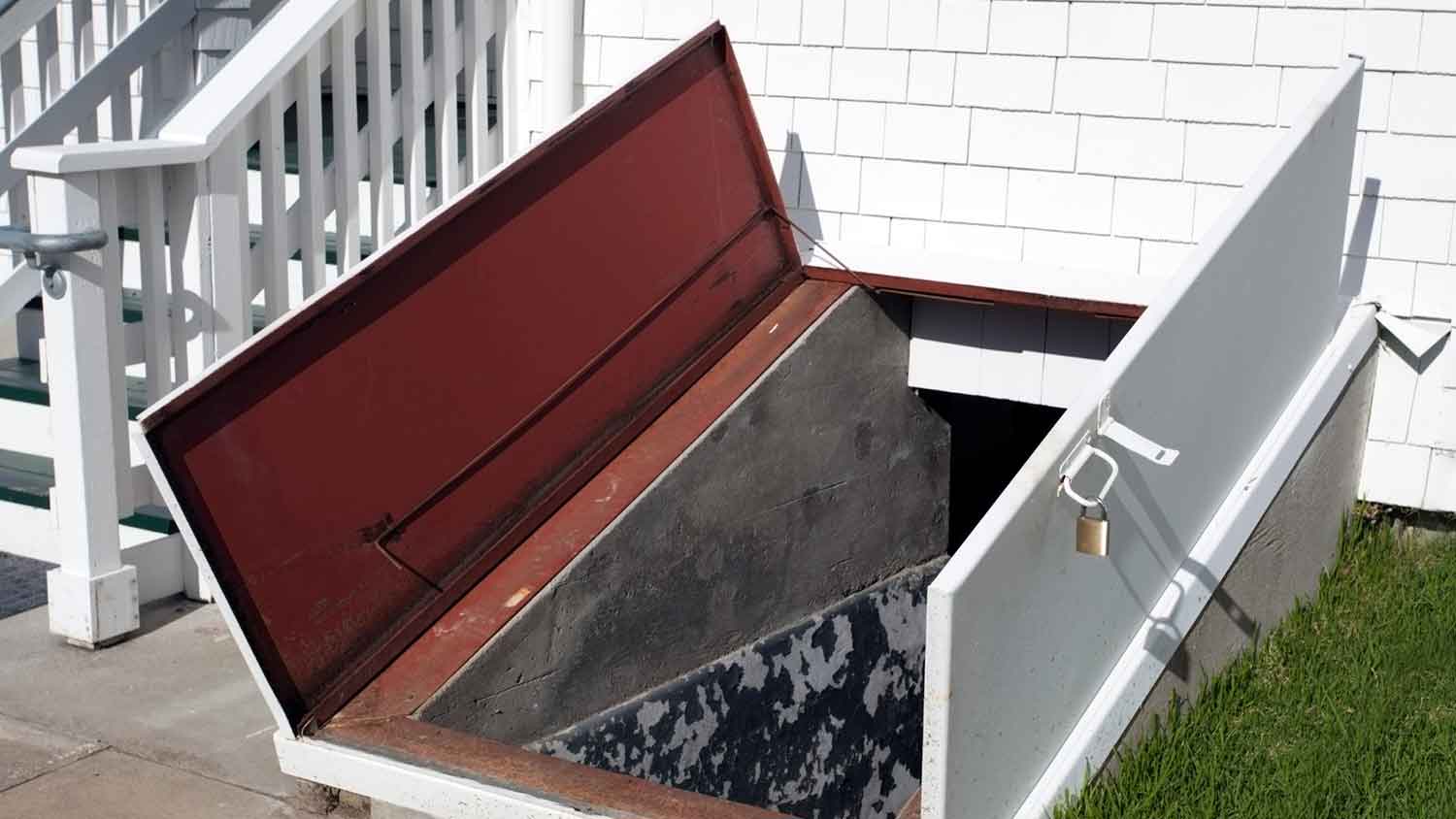 Metal bulkhead doors at the entrance of a cellar