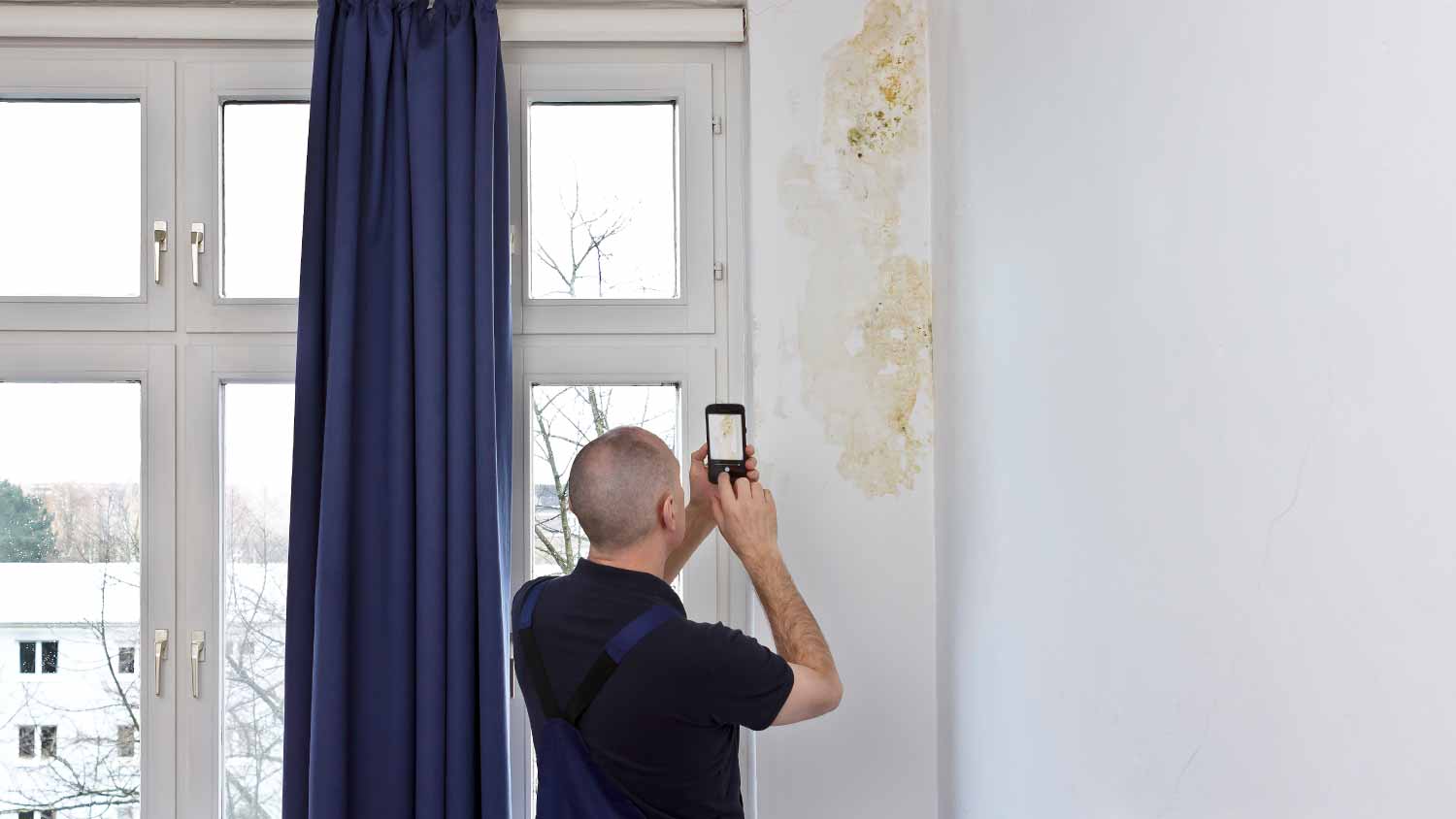 Man taking a photo of a big patch of mold