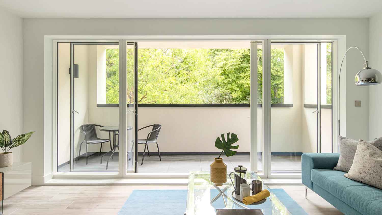 Apartment interior with sliding glass doors