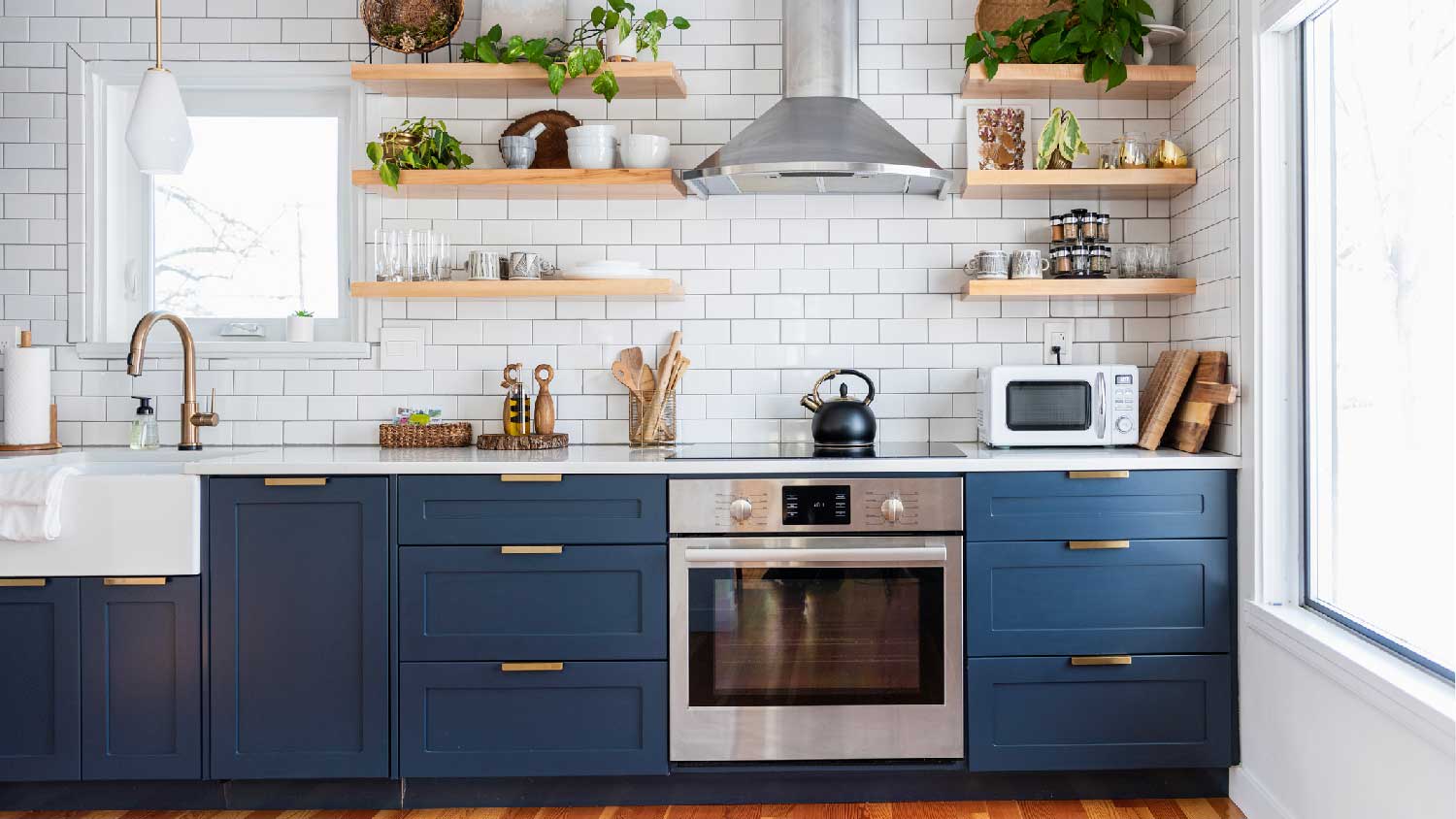 A bright kitchen with subway tiles