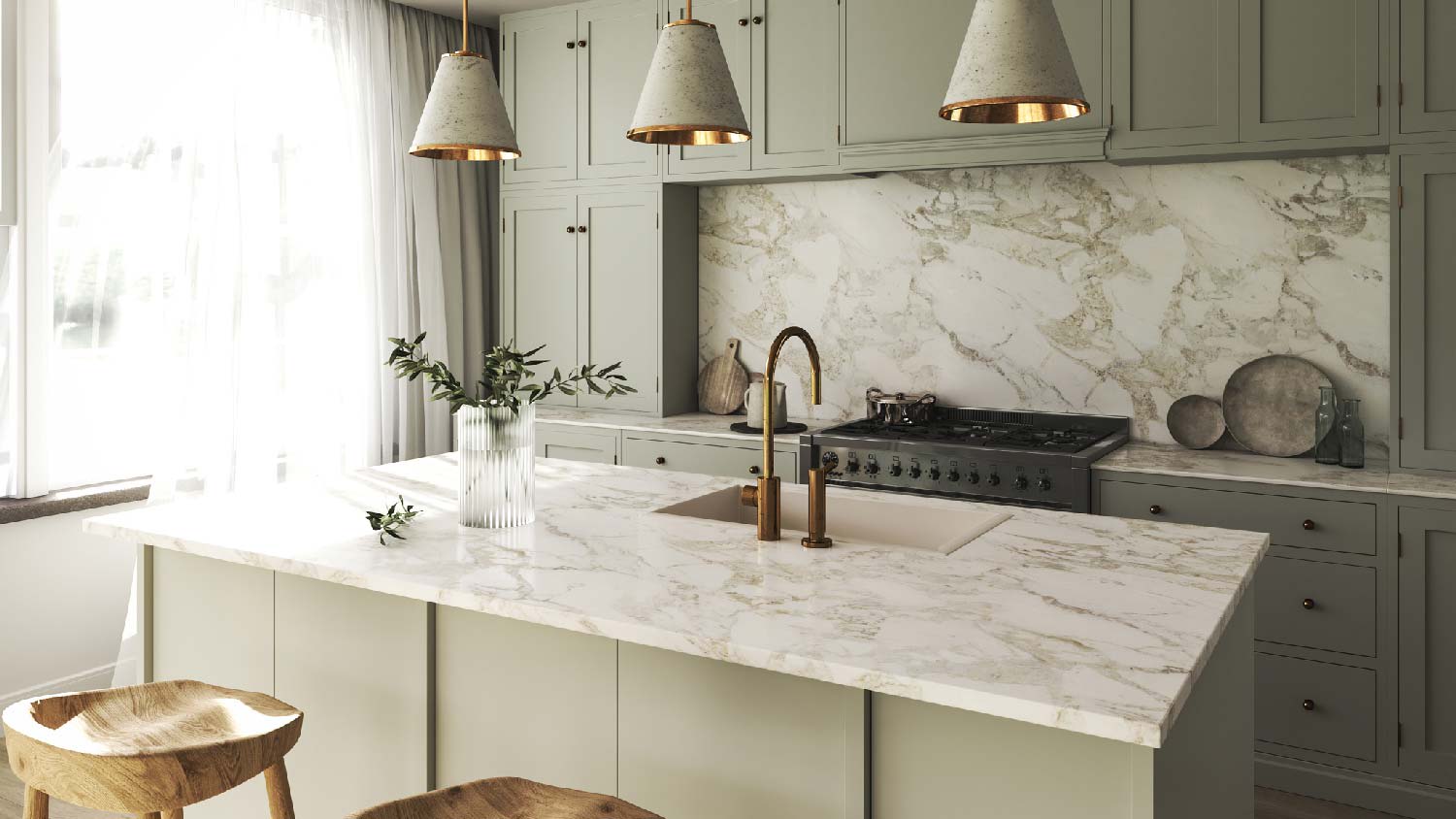 A japandi kitchen with porcelain countertop