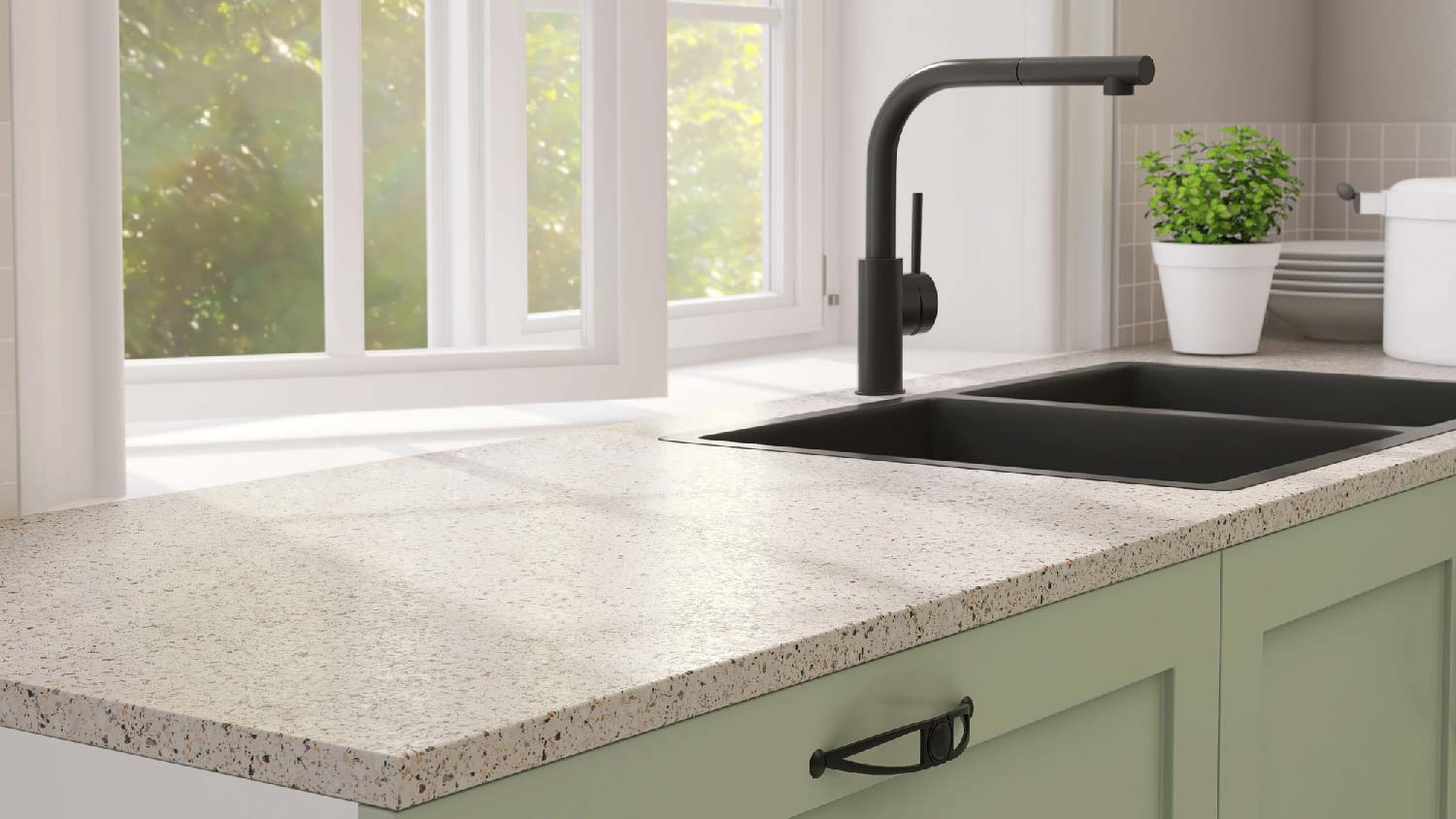 A minimal kitchen with laminate countertop
