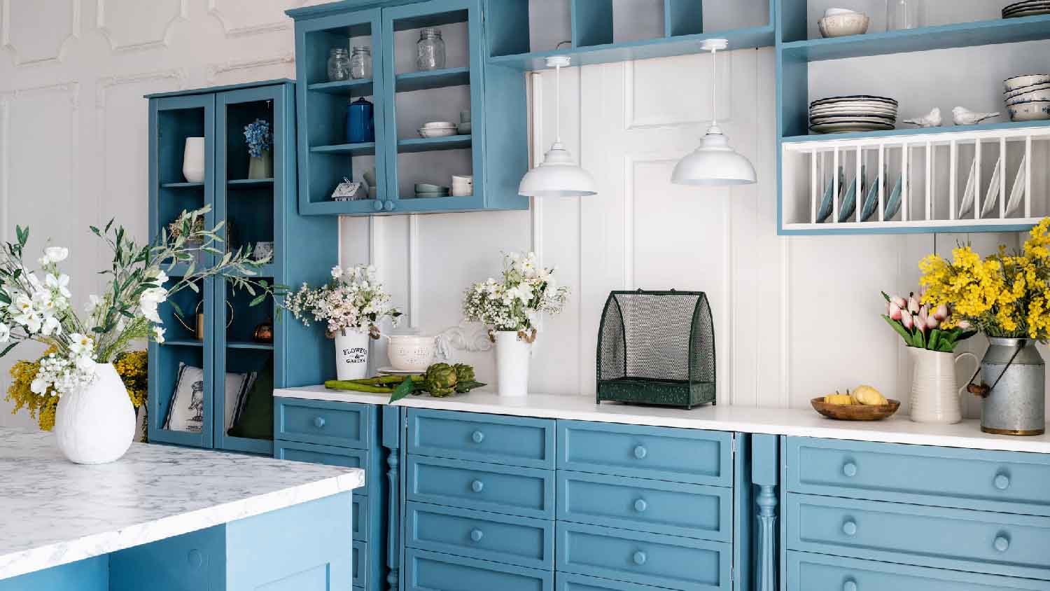 A rustic blue kitchen