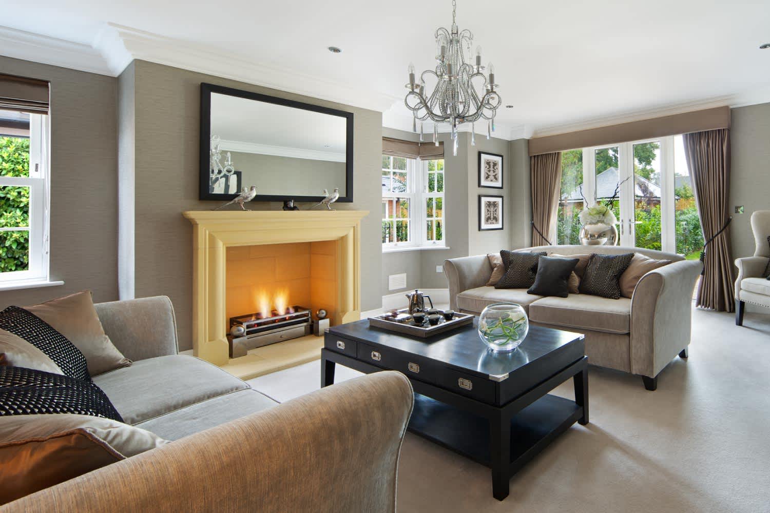 A reception lounge with a fireplace