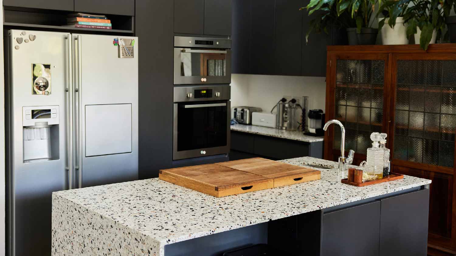 A modern kitchen with porcelain countertops