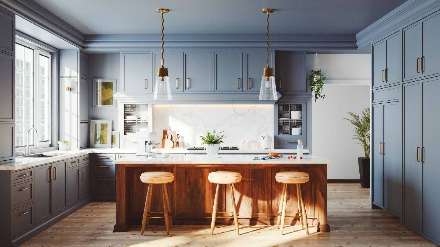 A large kitchen with pale blue cabinets