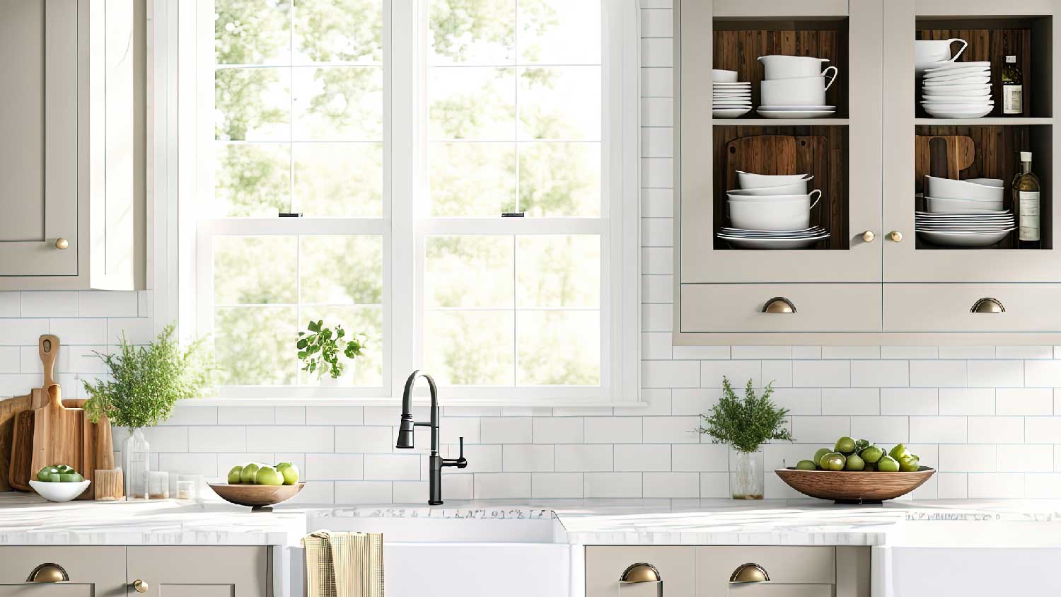A bright kitchen with a stone countertop