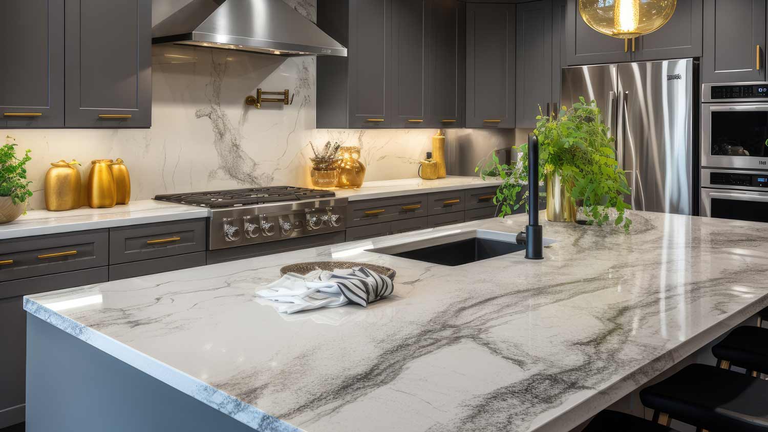 luxury kitchen with gray epoxy countertop island