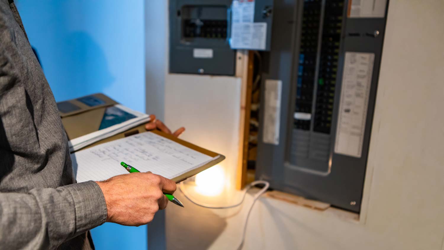 home inspector taking notes on distribution board