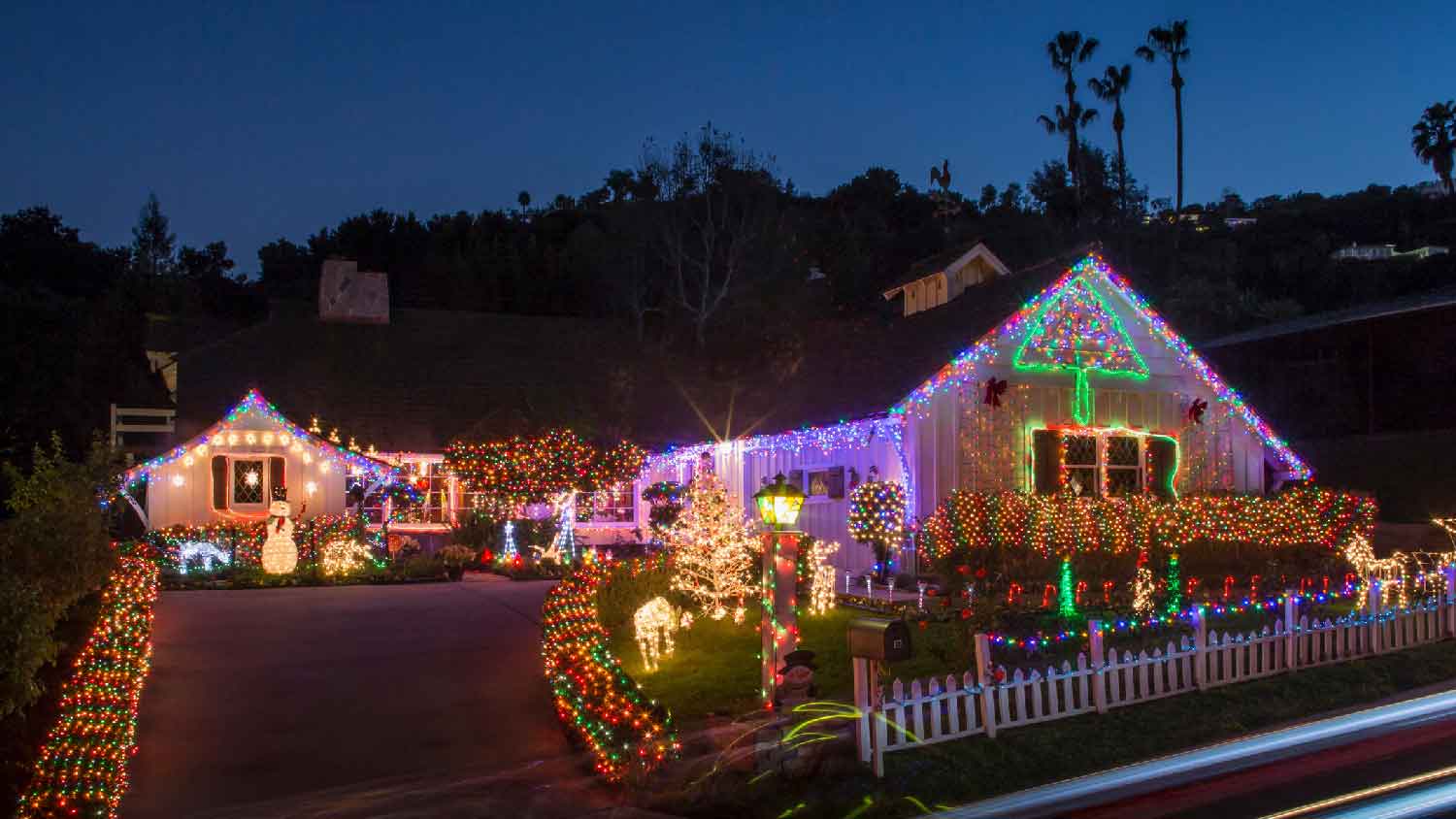 The exterior of a decorated for Christmas house
