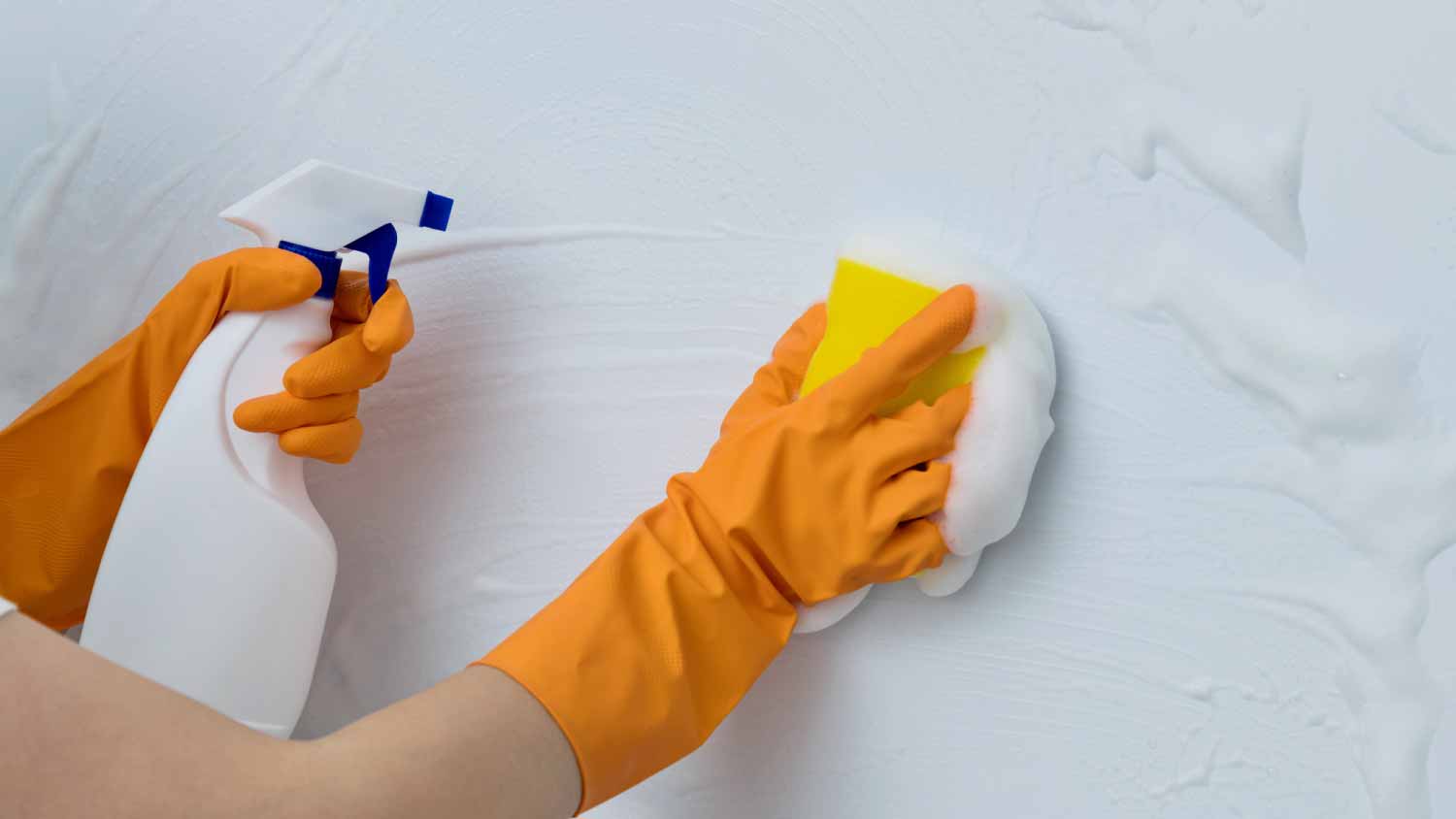 Woman cleaning wall