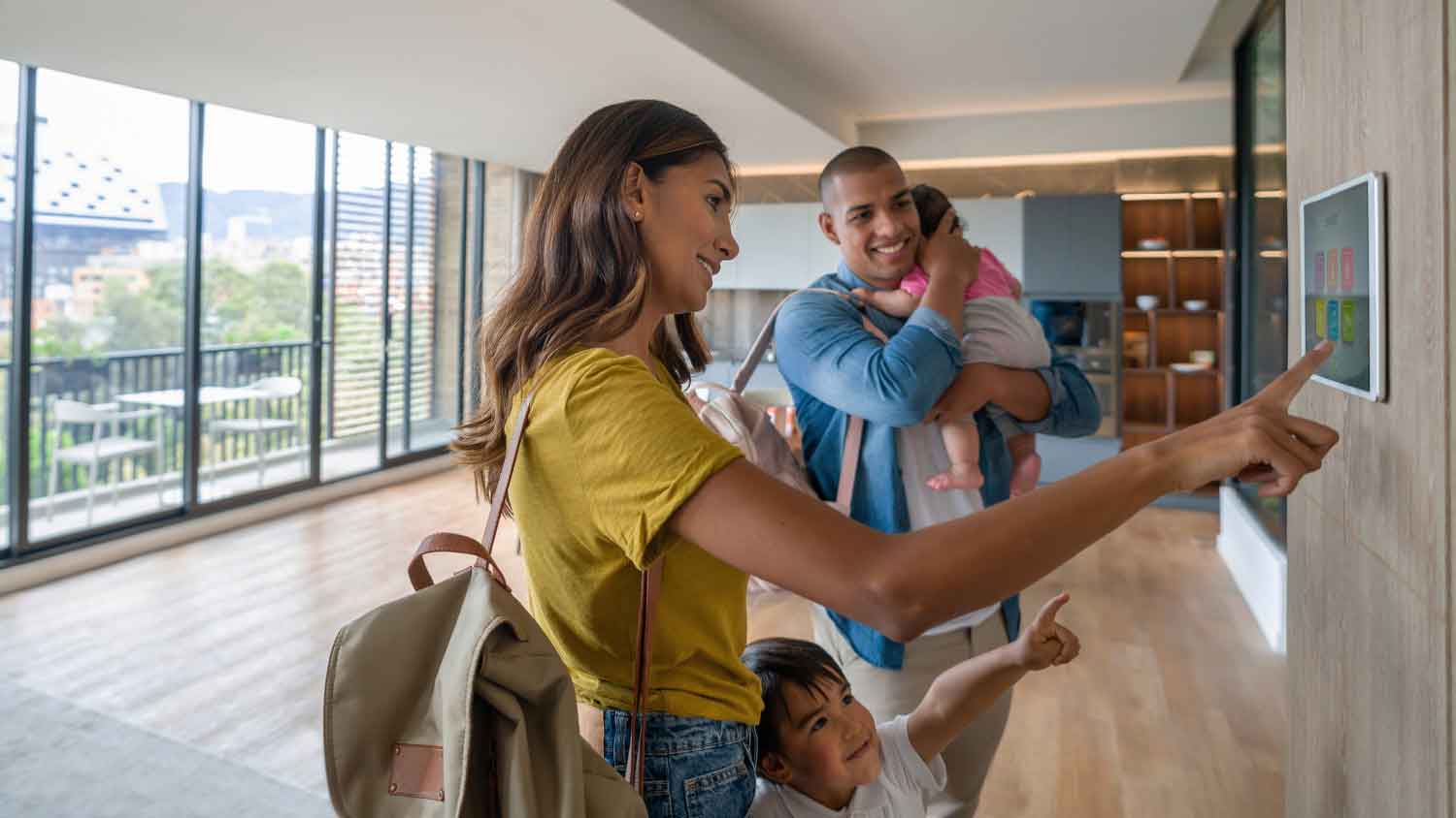 Family setting security system before leaving the house
