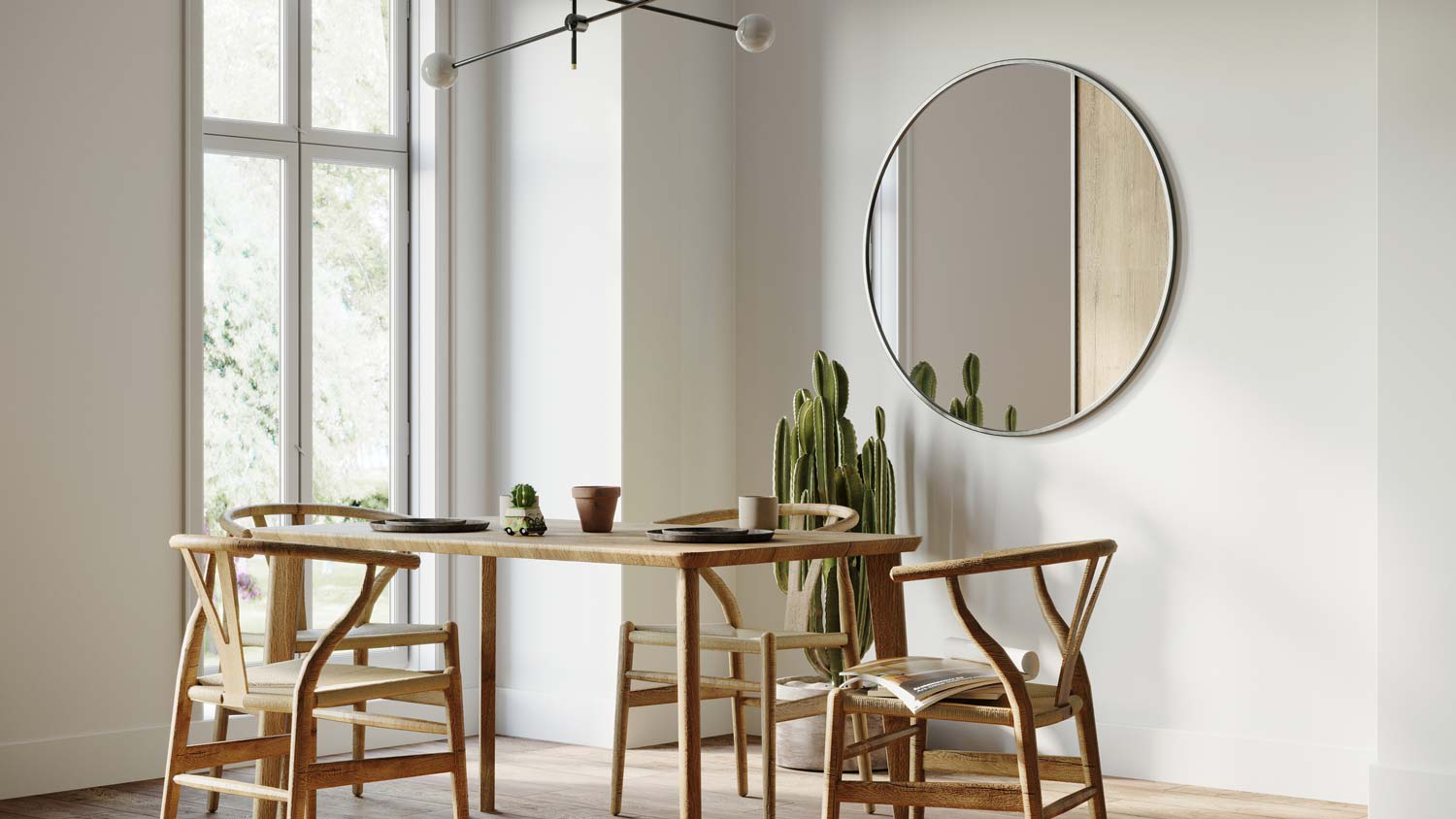 A dining area with a square drywall corner