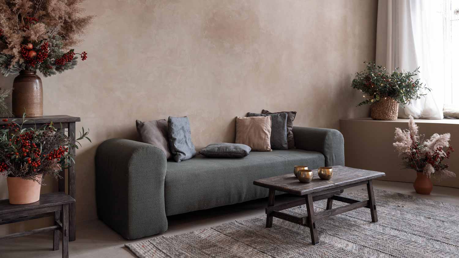 A living room with a plastered wall