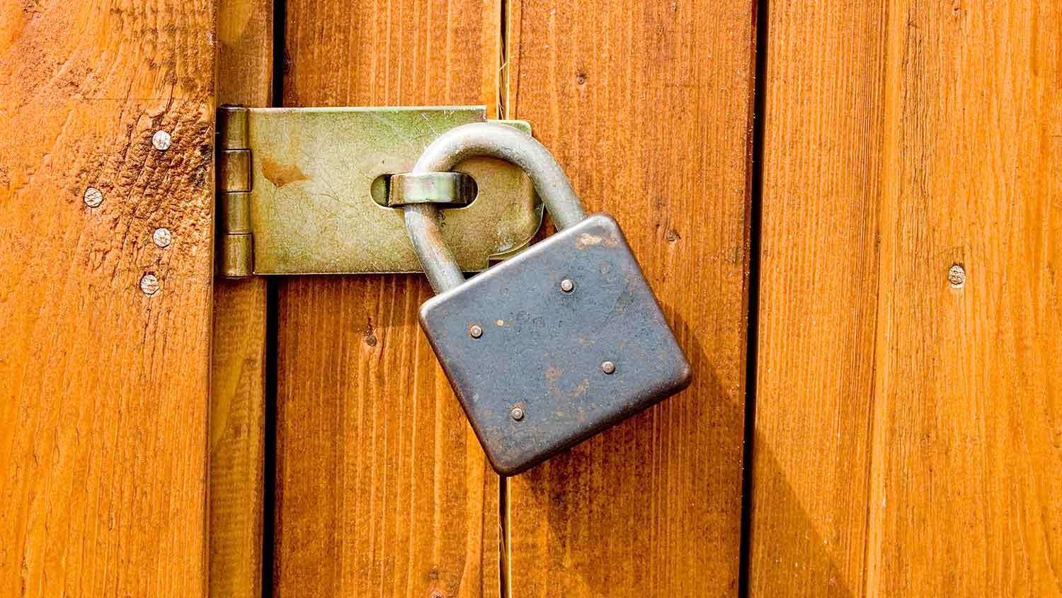 Wooden door with hasp and a padlock