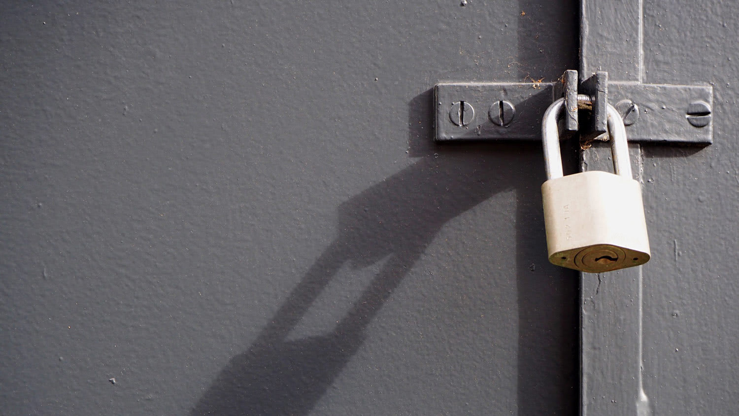 A padlock securing a grey door