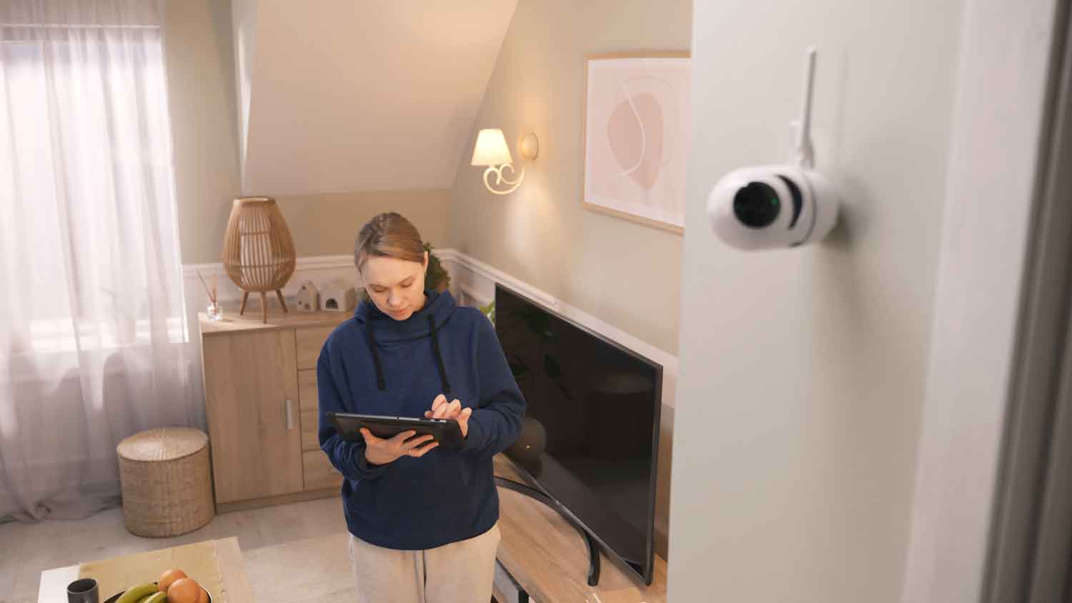 Woman using tablet to set up security camera in her home