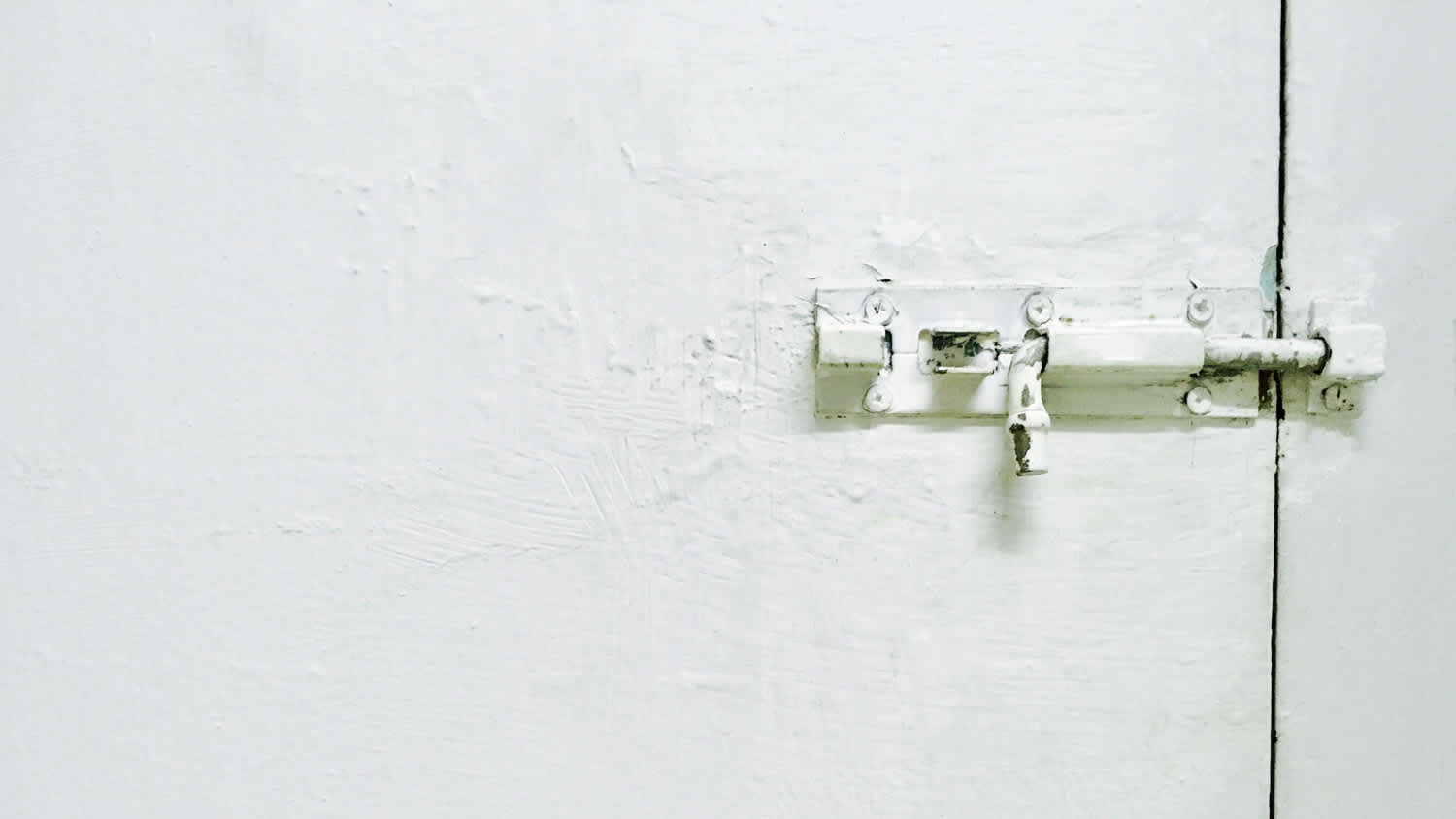 A barrels bolt behind a closed white door