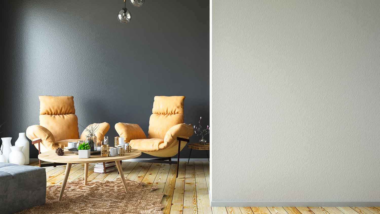 Modern room interior with plastered walls and armchairs