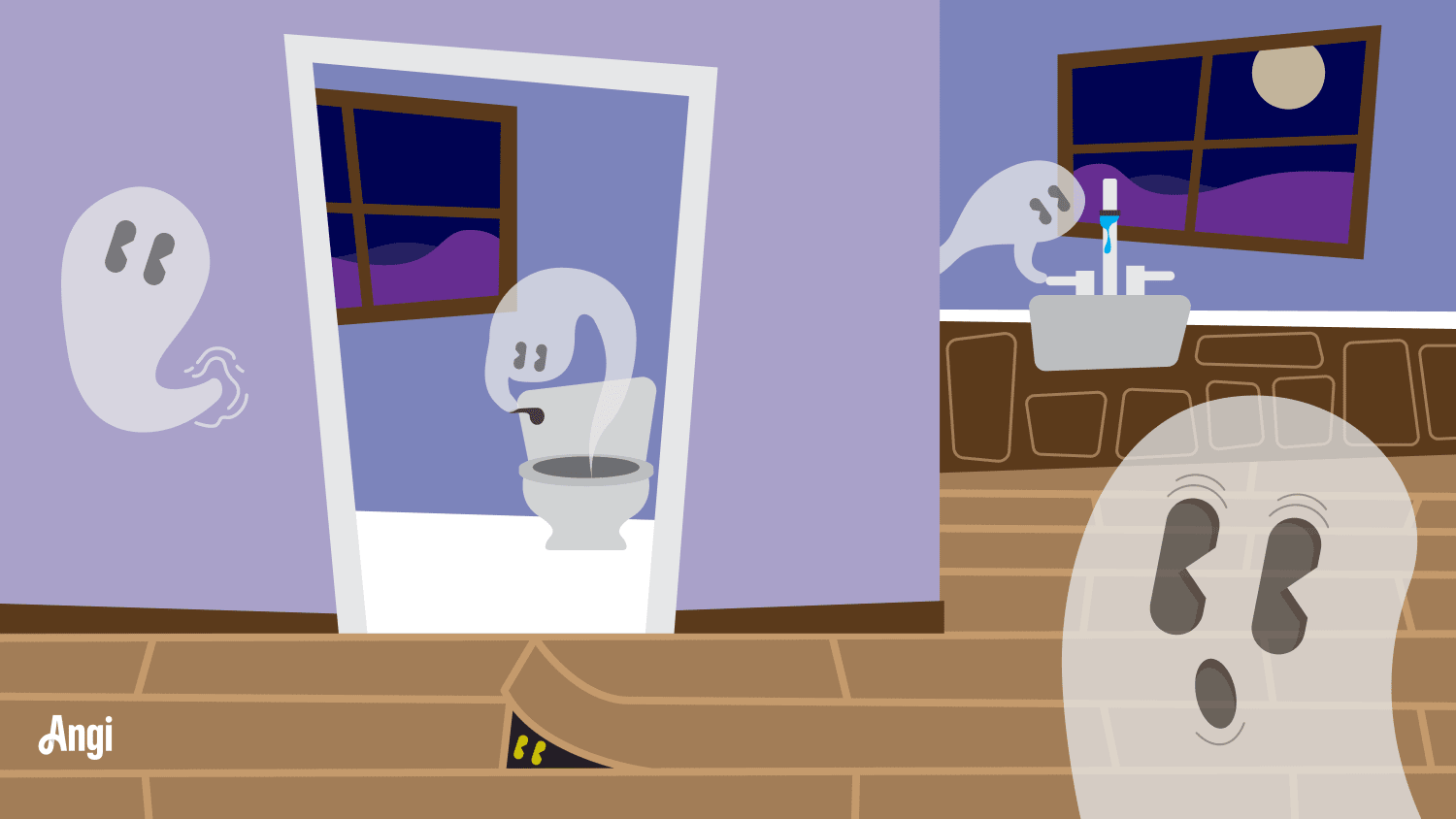Illustration of ghosts causing noises in a house