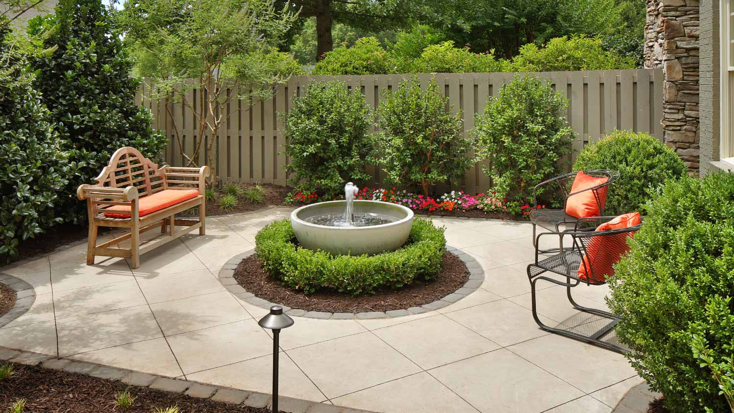 Backyard garden patio with water fountain