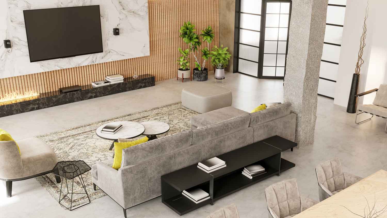 A modern living room with concrete flooring