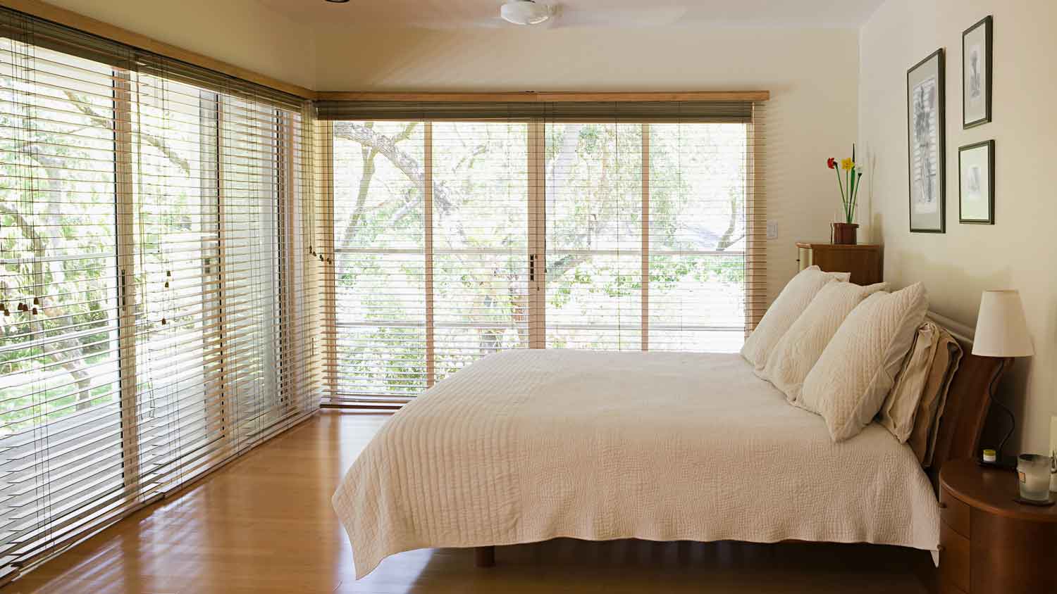 A spacious bedroom with large windows with blinds
