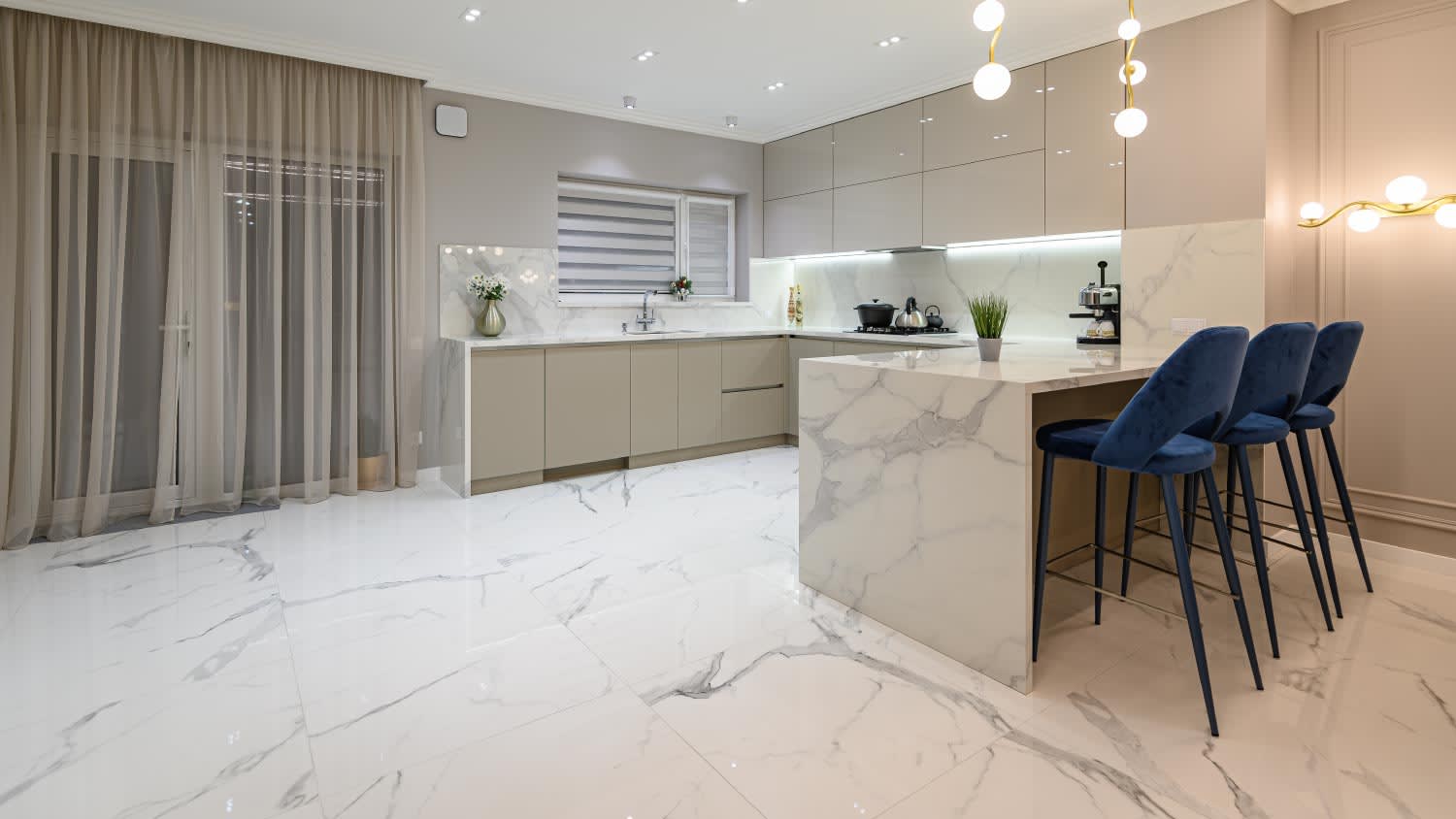 A luxury white modern marble kitchen
